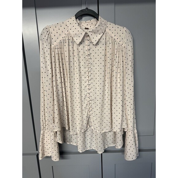 Free People Kennedy Blouse Size XS Pink Polka Dot Oversized Bow Missing Tie - Picture 3 of 11